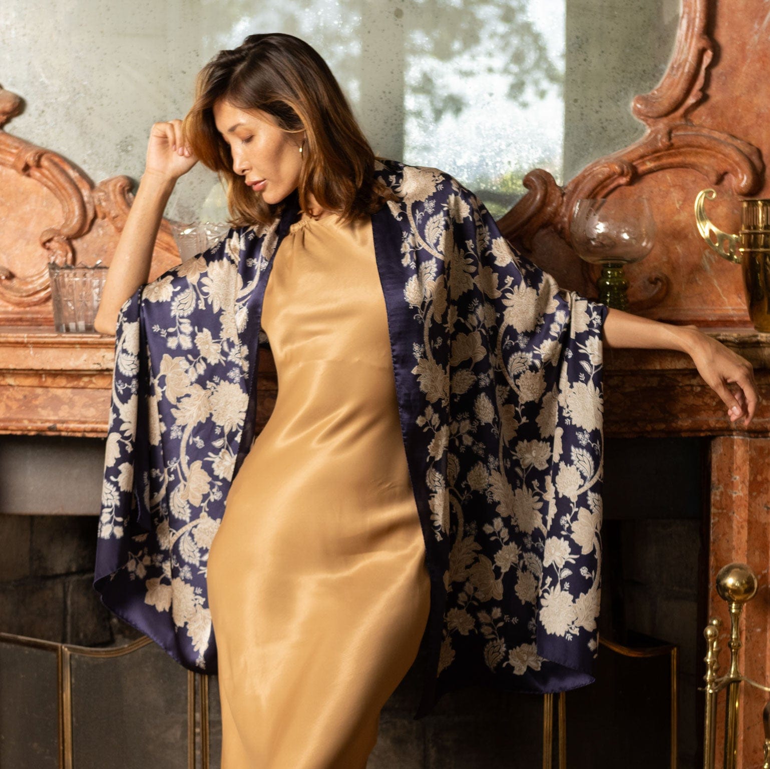 Esmeralda - Silk Scarf Shawl - Midnight Blue & Gold