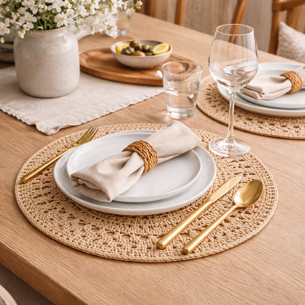 Handcrafted Natural Jute Placemat | 15” Round Scalloped Woven Placemat