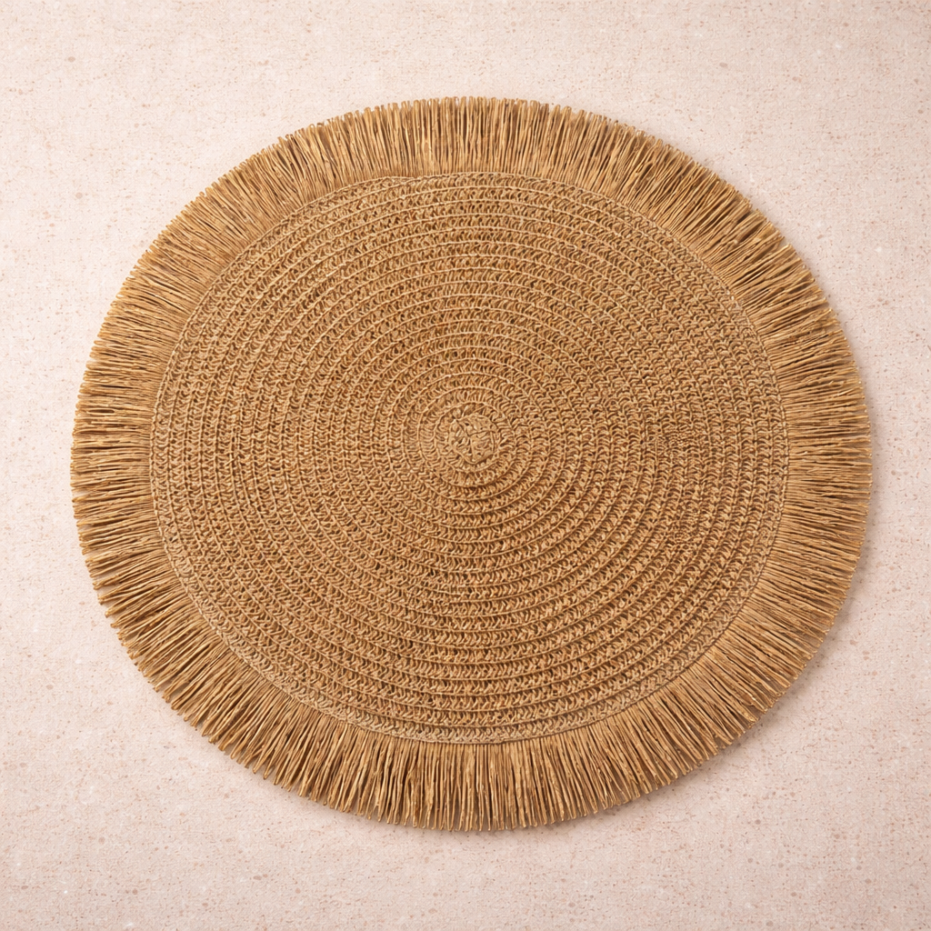 Straw & Fringe Round Placemat | 15” Handwoven Natural Fiber Table Decor