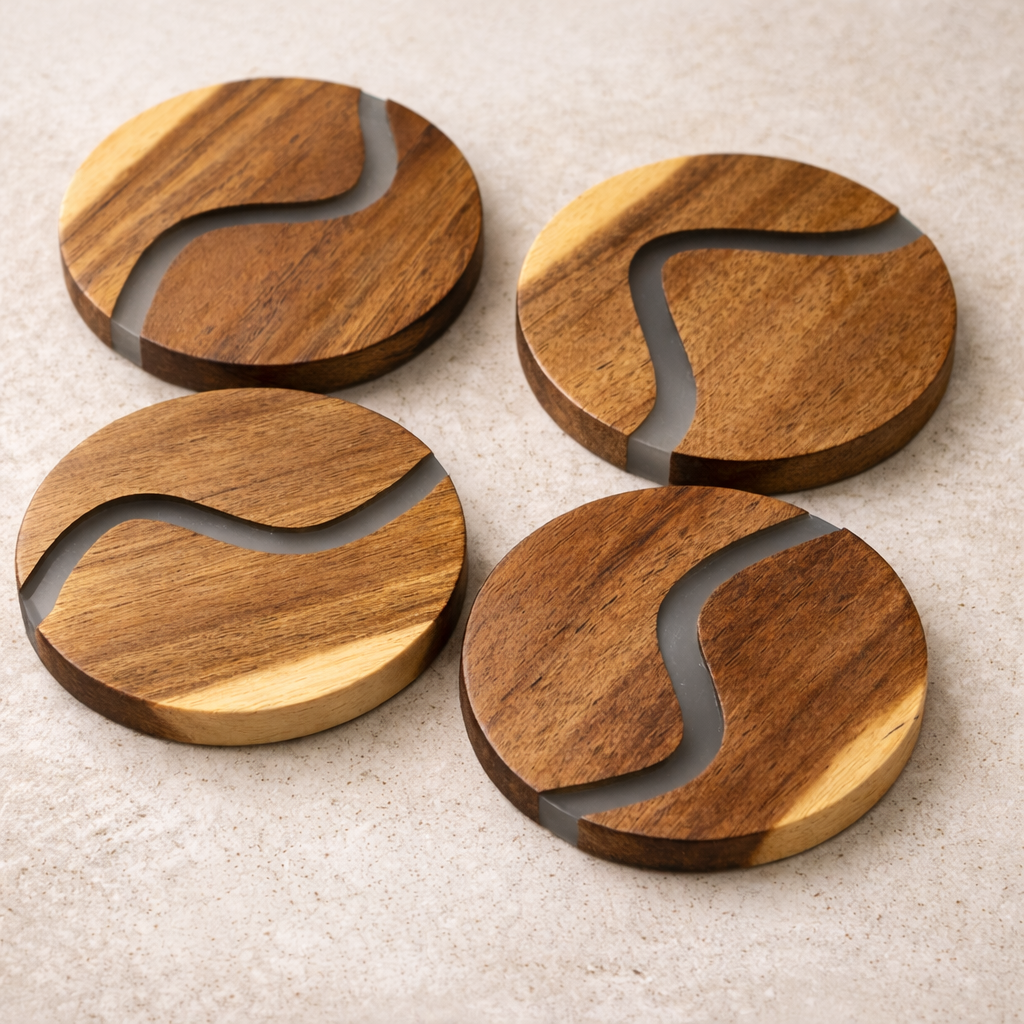 Wood & Clear Resin Coasters Set of 4