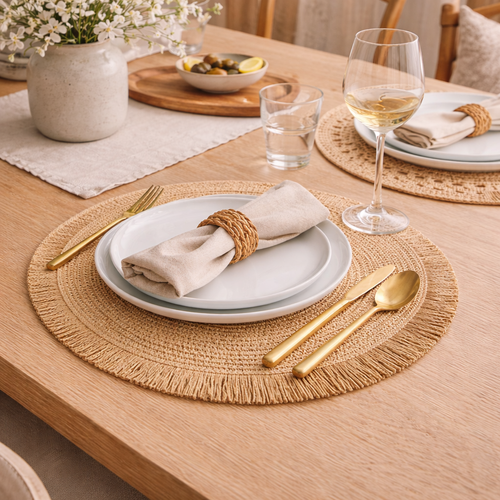Straw & Fringe Round Placemat | 15” Handwoven Natural Fiber Table Decor