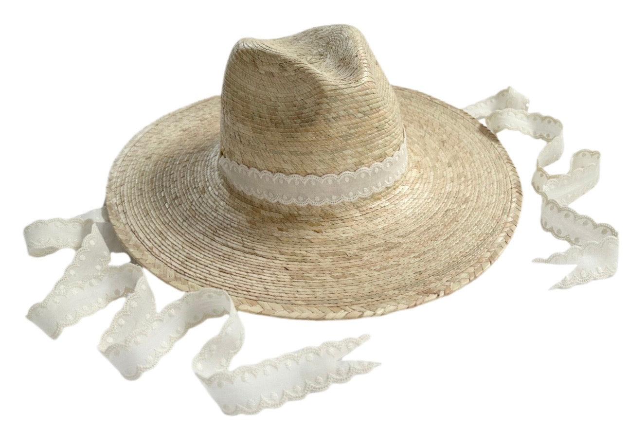 Zinnia Sun Hat - Long & Thin Vintage Eyelet Lace Ribbon