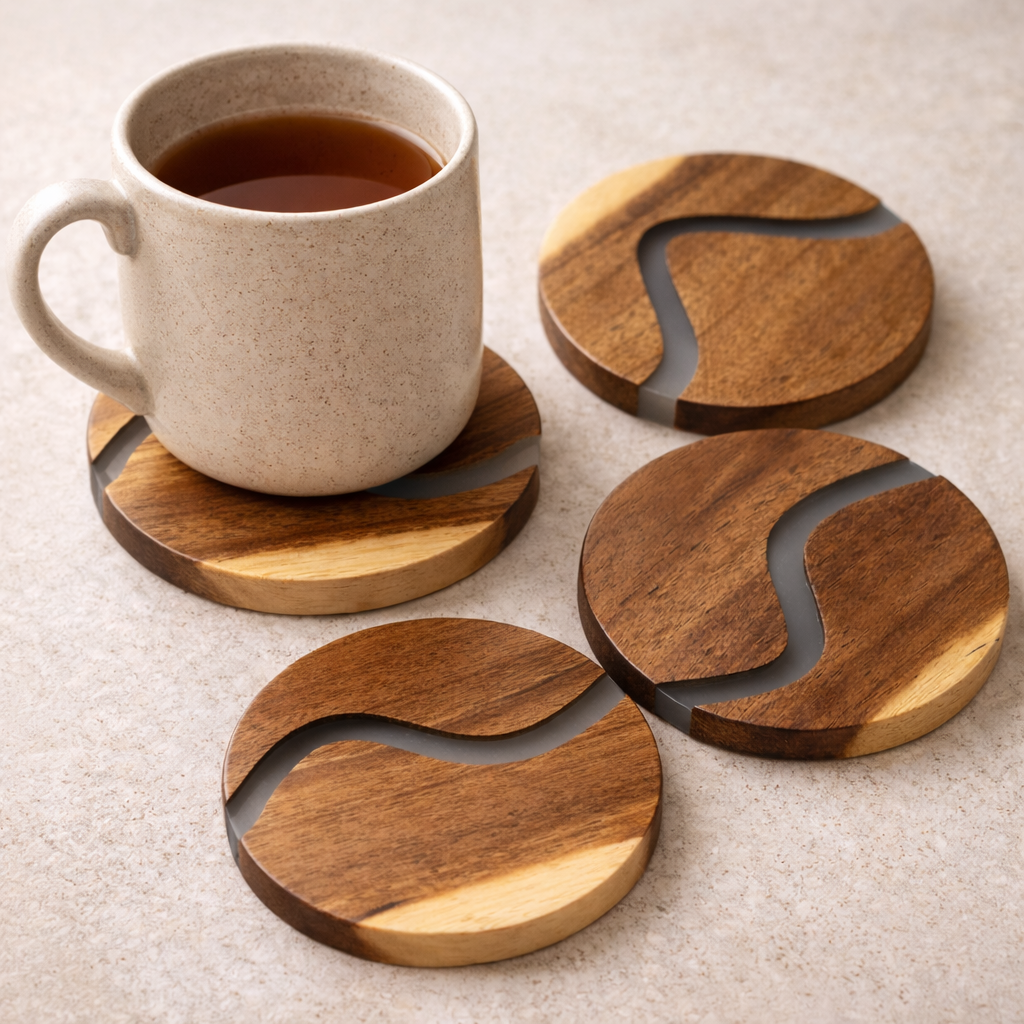 Wood & Clear Resin Coasters Set of 4