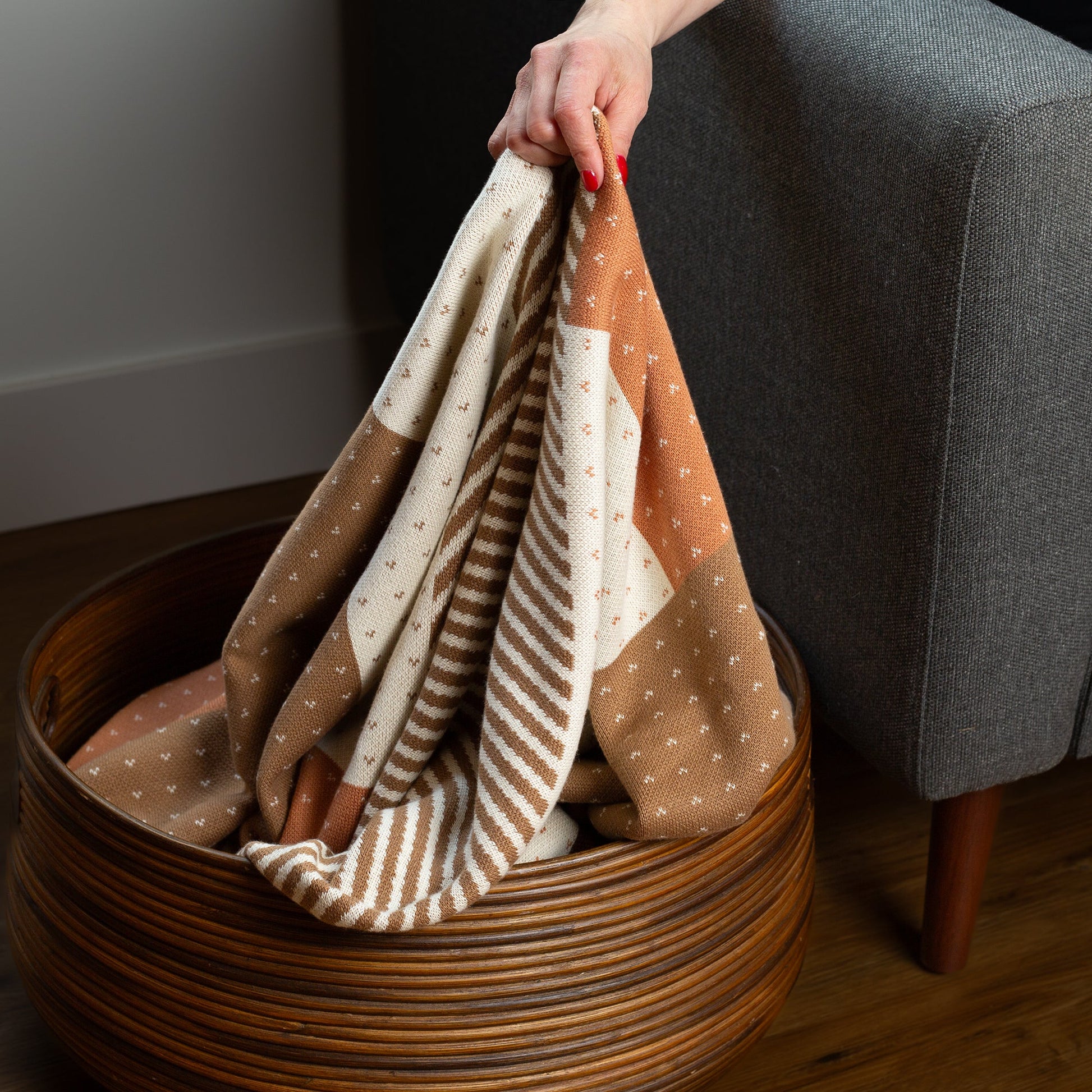 100% Cotton Knitted Throw - Color Block in Pumpkin, Latte, and Cream