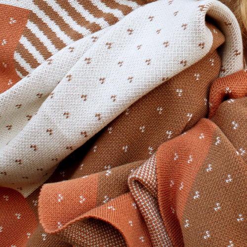 100% Cotton Knitted Throw - Color Block in Pumpkin, Latte, and Cream