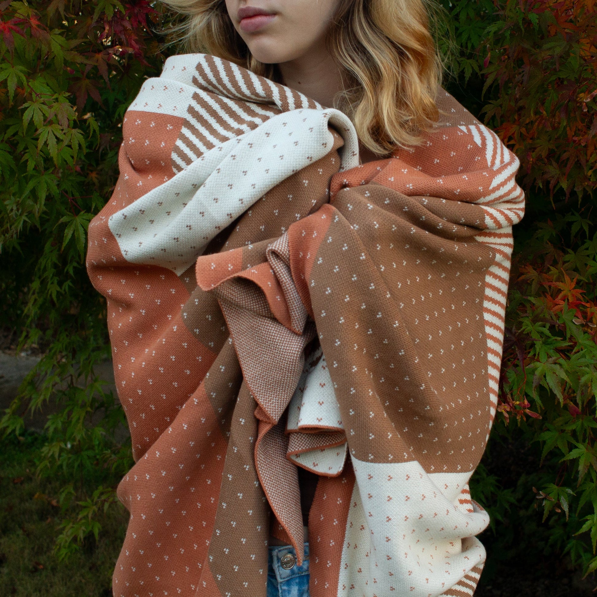 100% Cotton Knitted Throw - Color Block in Pumpkin, Latte, and Cream