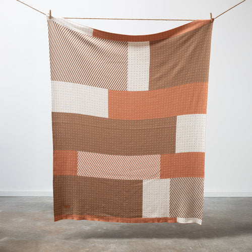 100% Cotton Knitted Throw - Color Block in Pumpkin, Latte, and Cream