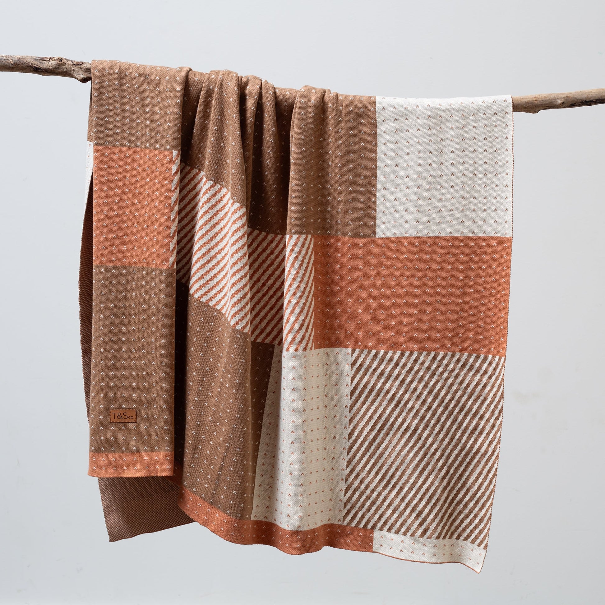 100% Cotton Knitted Throw - Color Block in Pumpkin, Latte, and Cream