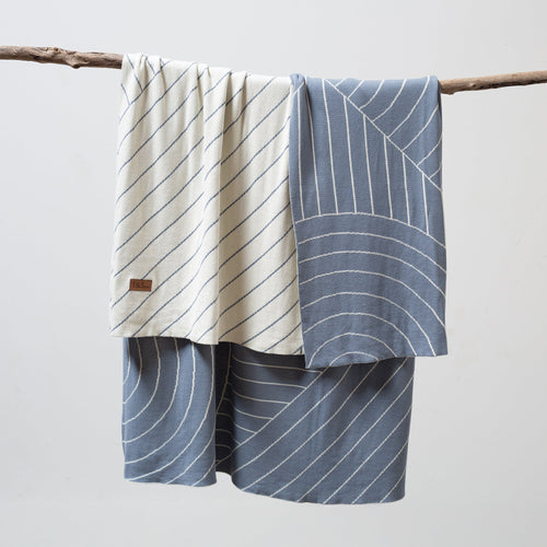 100% Cotton Knitted Throw - Lake and Cream