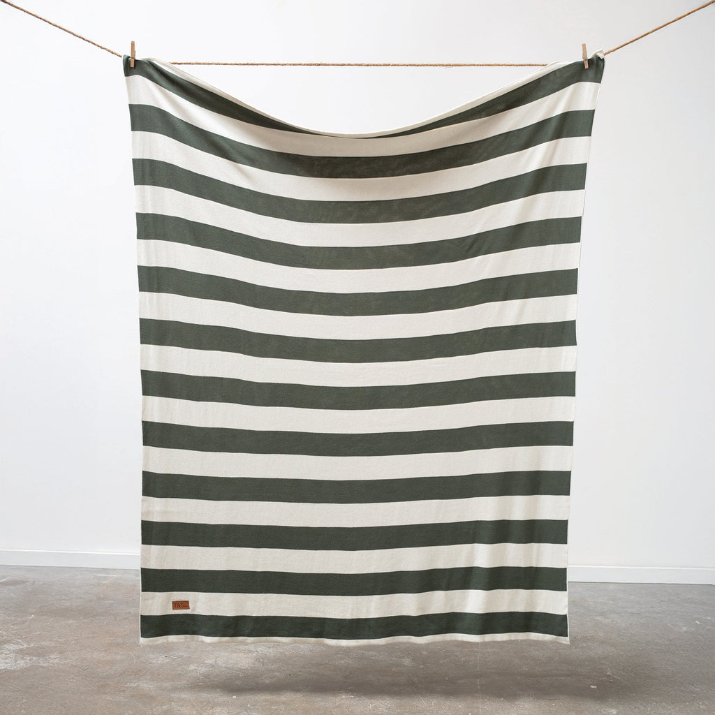 100% Cotton Knitted Throw - Chunky Stripe in Fir and Cream