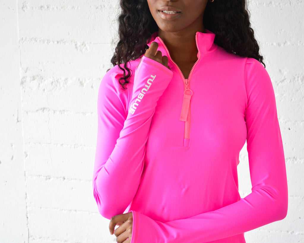 Women's Henley Rash Guard - Neon Pink