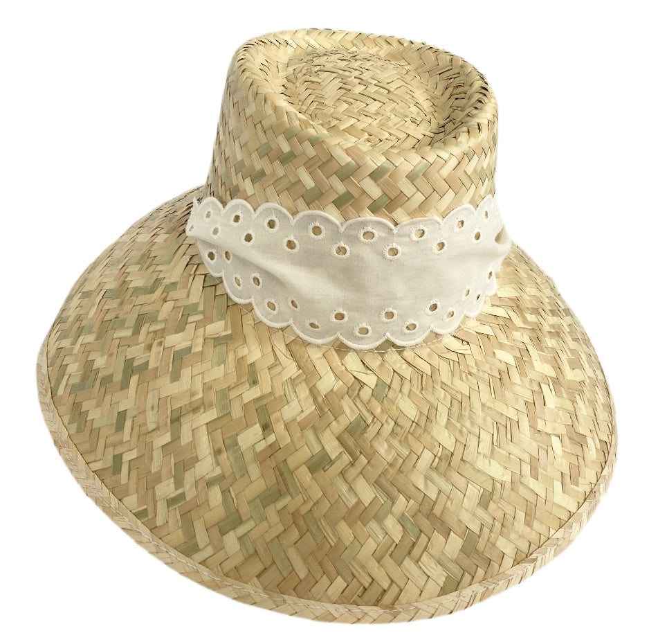Amaryllis Sun Hat - Antique Eyelet Scallop Lace Ribbon