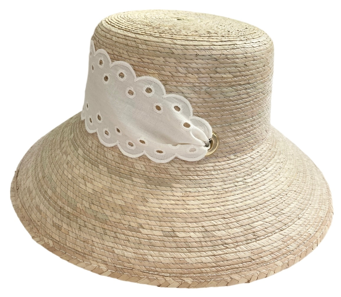 Clematis Bucket Hat - Antique Eyelet Scallop Lace Short Ribbon