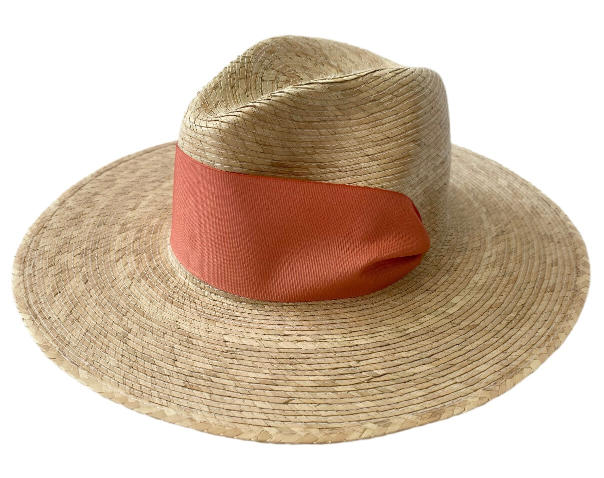 Zinnia Sun Hat - Wide & Short Coral Grosgrain Ribbon