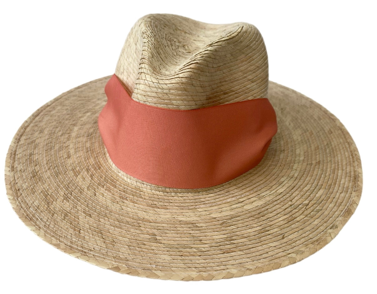 Zinnia Sun Hat - Wide & Short Coral Grosgrain Ribbon