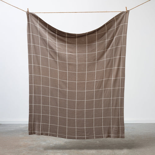 100% Cotton Knitted Throw - Double-Sided Grid in Latte and Cream
