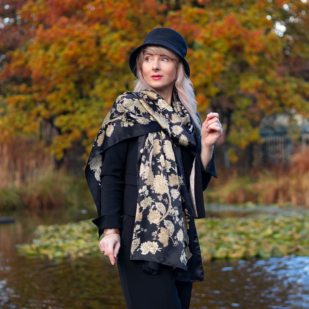 Esmeralda - Silk Scarf Shawl - Black & Gold